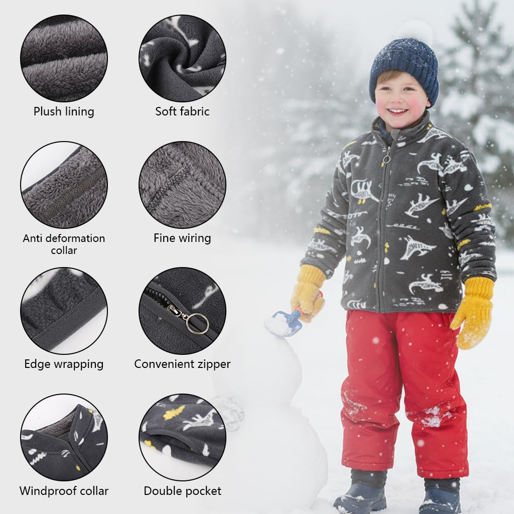SANNIDHI Kids Polar Fleece Jacket for Winter with Dinosaur Print and Zip Up | Black 130CM