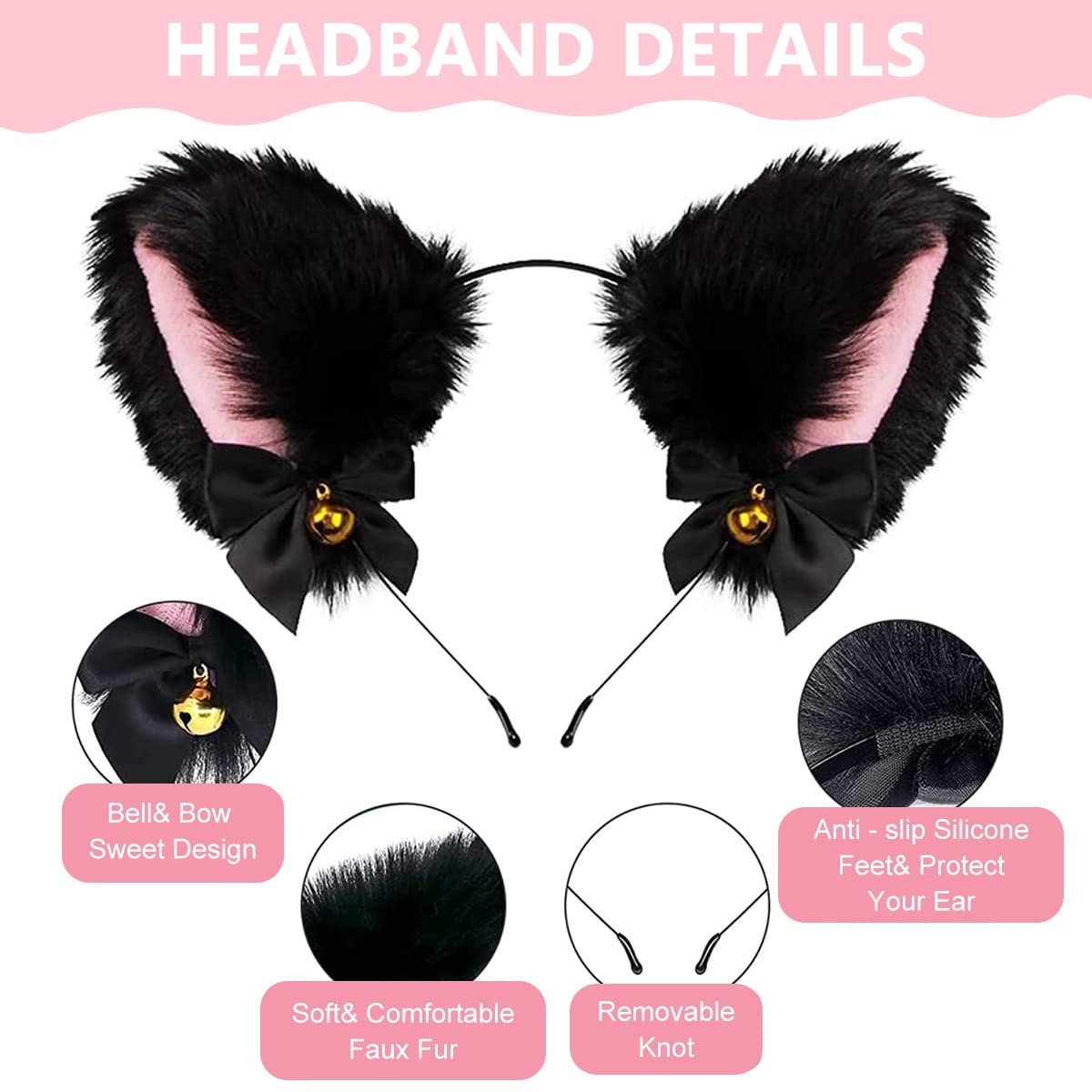 PALAY® Cat Ears Headband for Women Girls - Furry Fox Ears Hair Band, Lace Neck Choker & Fur Tail Set, Bow Bells Headwear Hair Hoop Anime Cosplay Costumes for Halloween Party