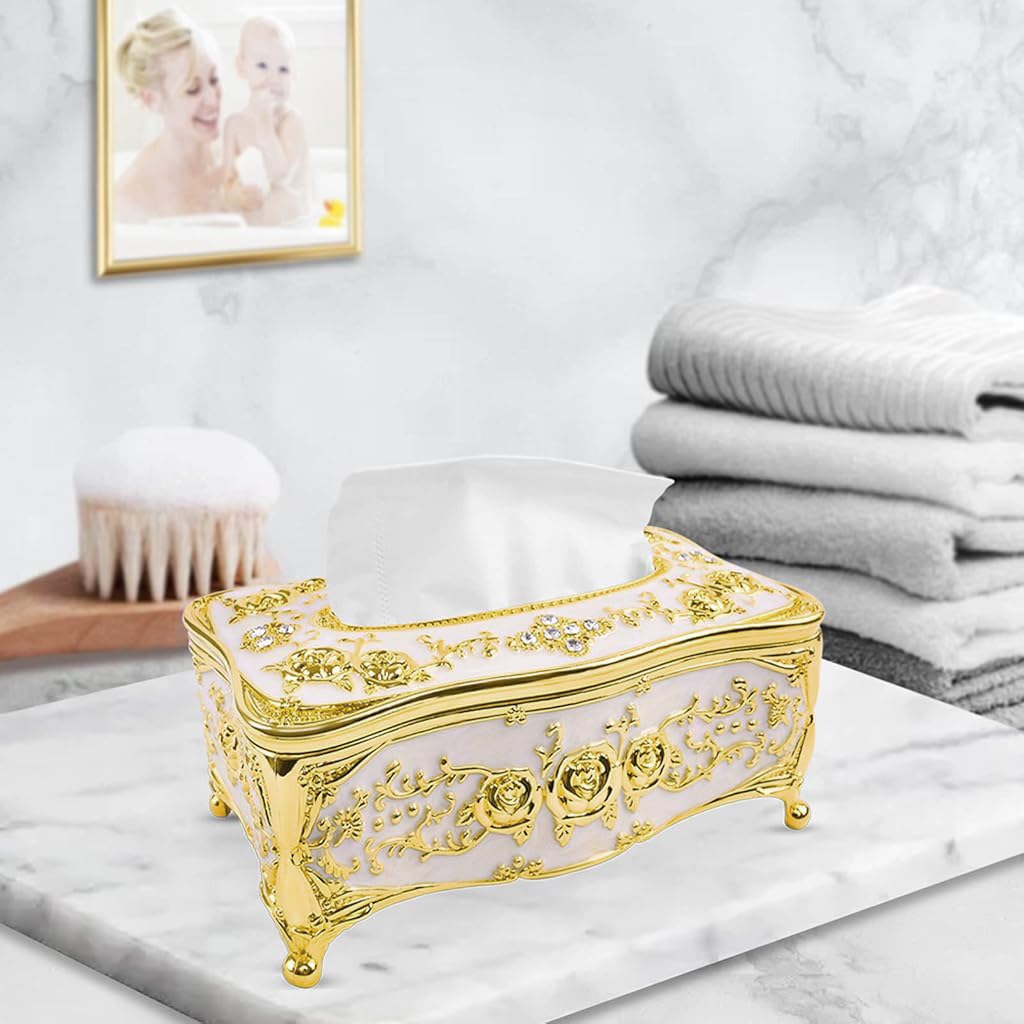 ZIBUYU® Desk Tissue Paper Box Embossed Golden Rose Tissue Paper Box Home Decor Desk Tissue Paper for Home Office Universal Square Luxury Tissue Paper Box Removable Cover Design, 23x13x9.5cm