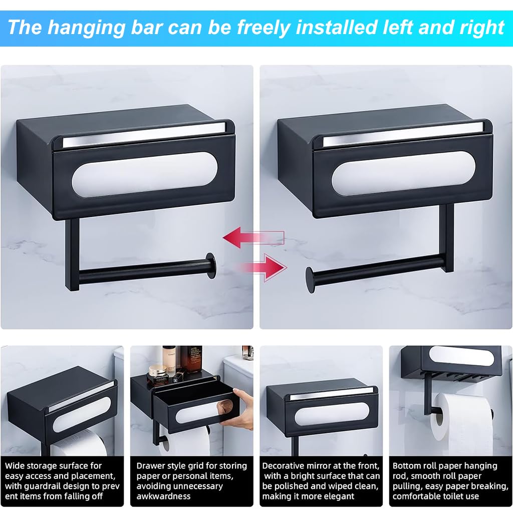 Supvox Toilet Roll Holder for Bathroom with 180° Rotating Storage Box 20×12.5×18cm Black ABS | 3‑in‑1 Wall Mounted Design