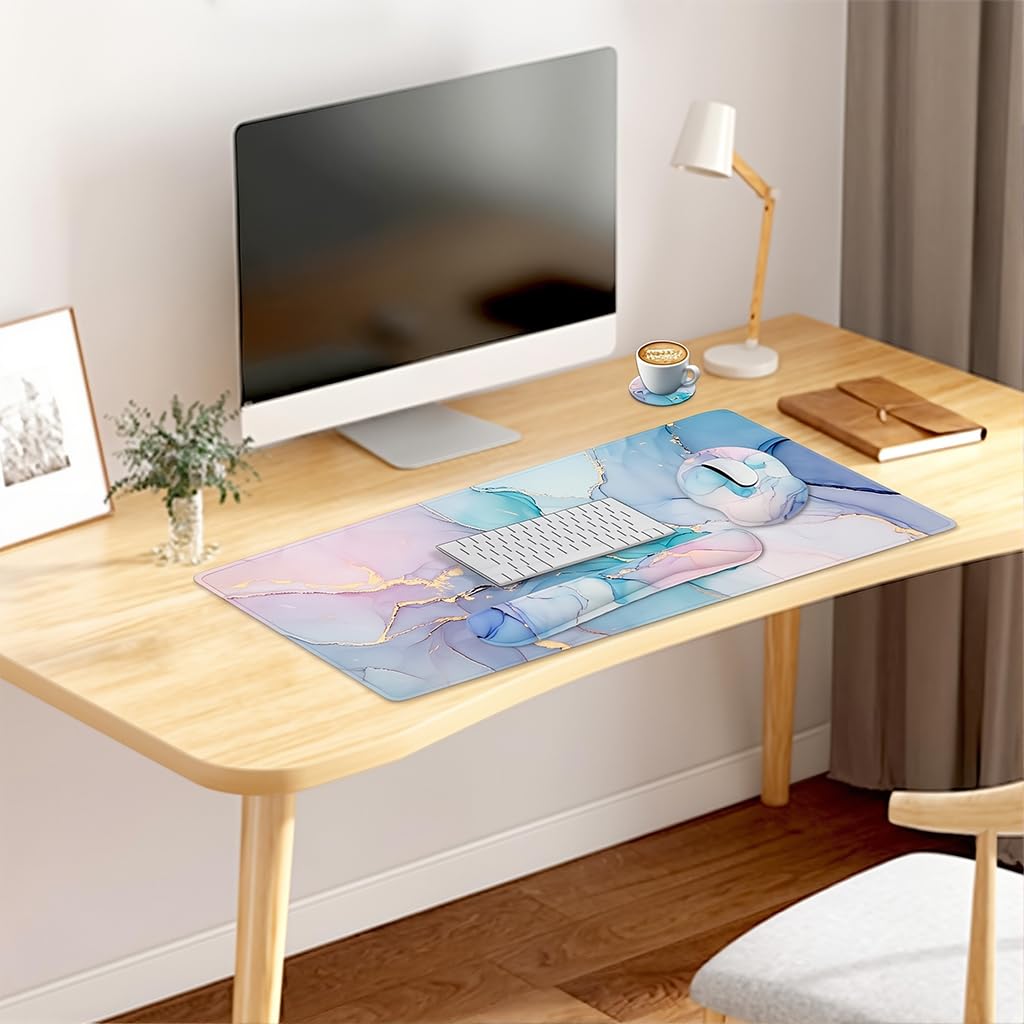 ZORBES Gaming Mouse Pad Wrist Support Set for Home Office with Non Slip Base | Blue Marble 35.4 x 15.7 in Desk Pad and Ergonomic Design