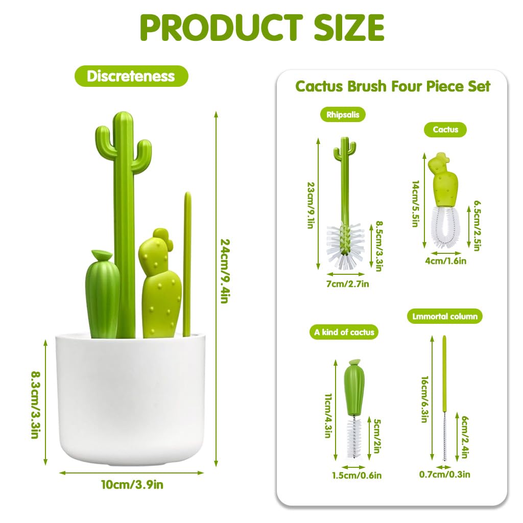 SNOWIE SOFT Bottle Cleaner Brush Set for Drinkware and Jars with Cactus Design | 4Pcs Nylon Bristles and Storage Holder
