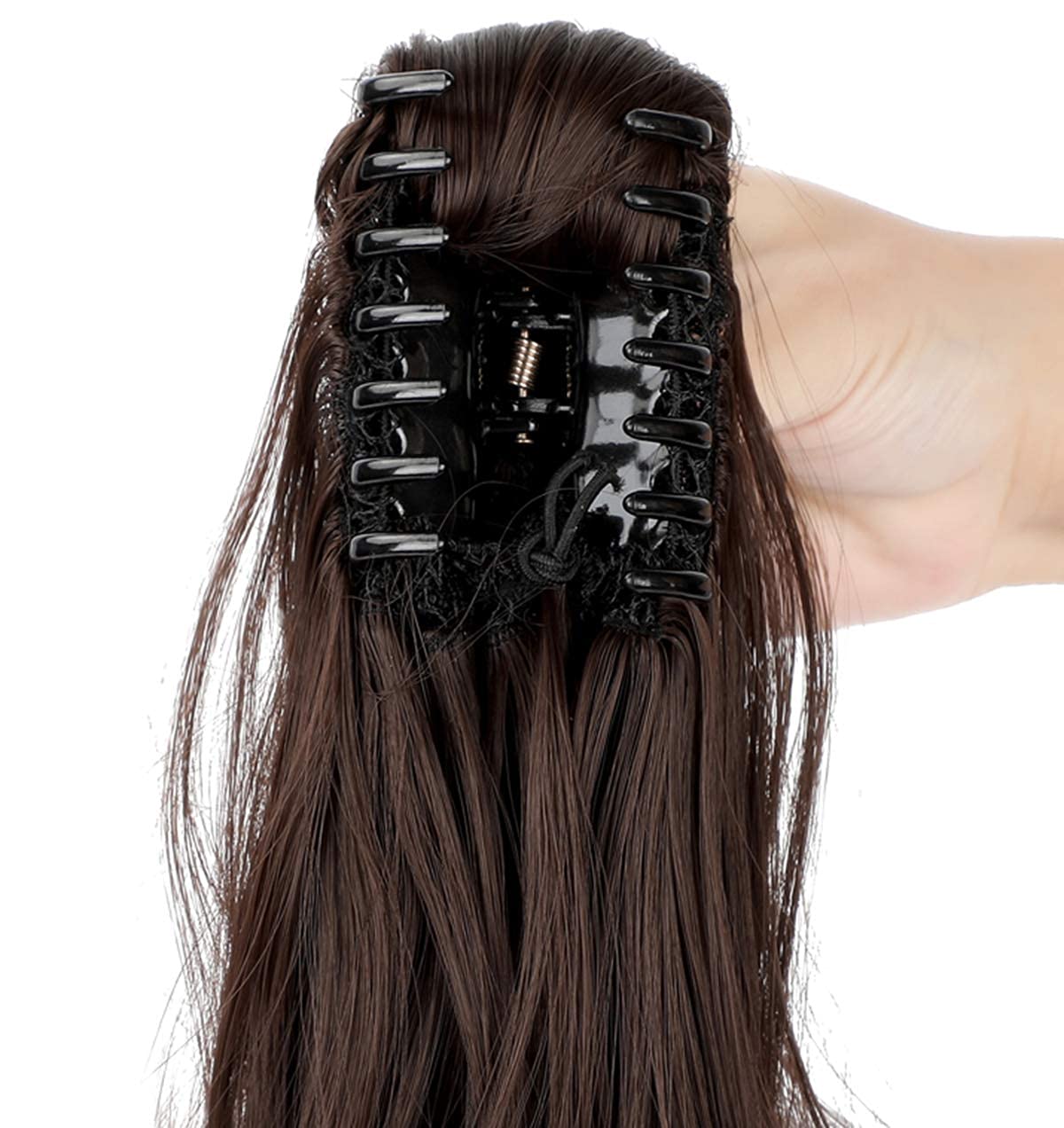 MAYCREATE Long Ponytail Hair Extension for Women with Clip Claw | 22 Inch Brown Synthetic Curly Hairpiece