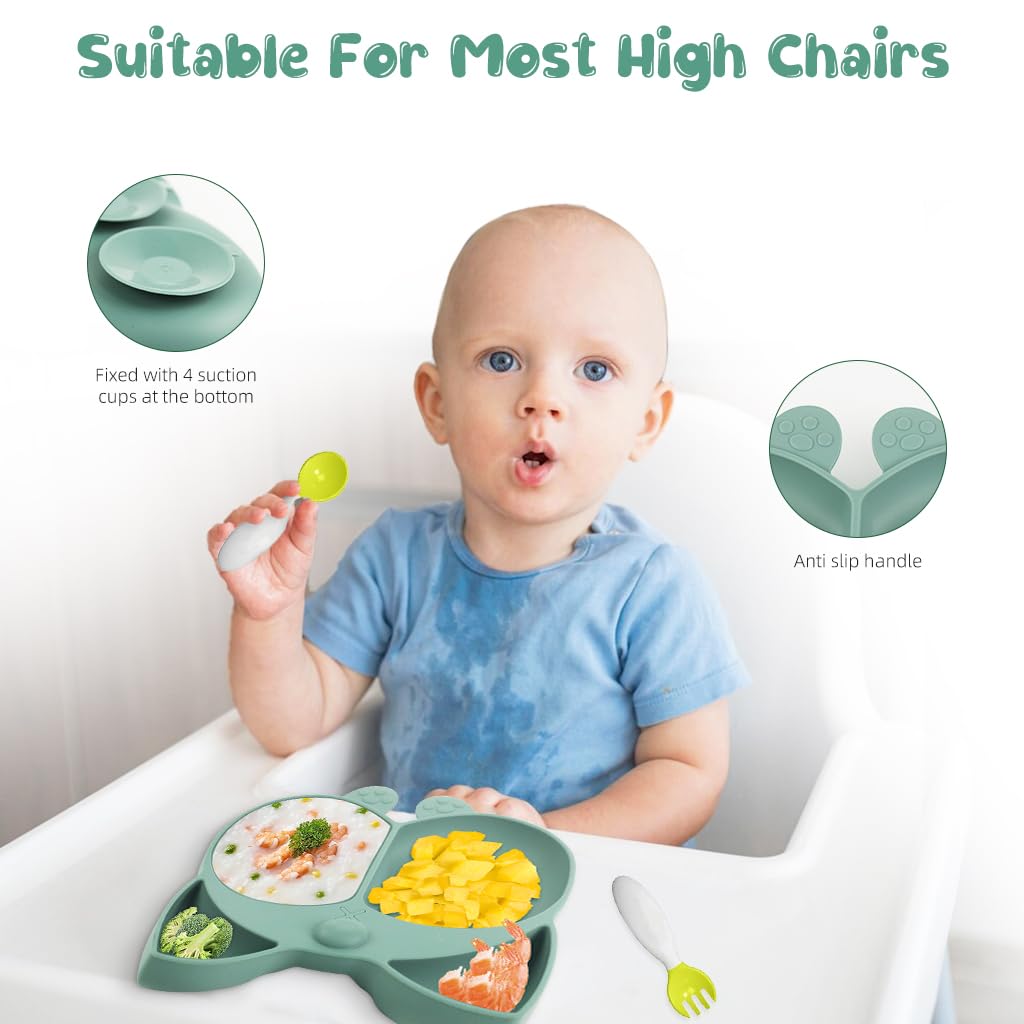 SNOWIE SOFT Suction Plates for Baby with 4 Strong Cups and 3 Compartments Silicone | Green