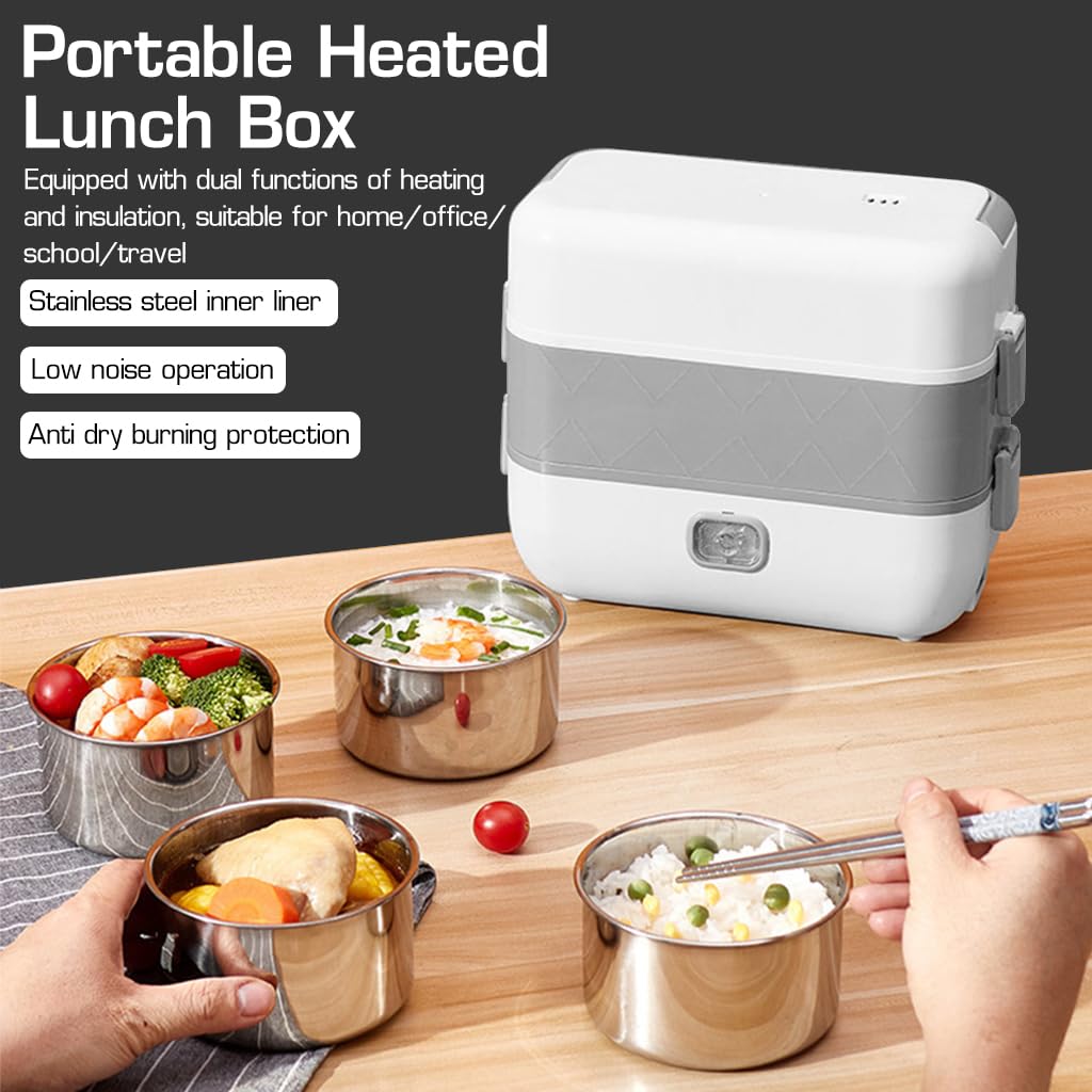 Supvox® Electric Lunch Box Portable Food Warmer Heating Box 2-Layers Insulation Food Heater Box with 4 Stainless Steel Bowls Lunch Box Set with Snap Lock for Home/Office/School/Travel