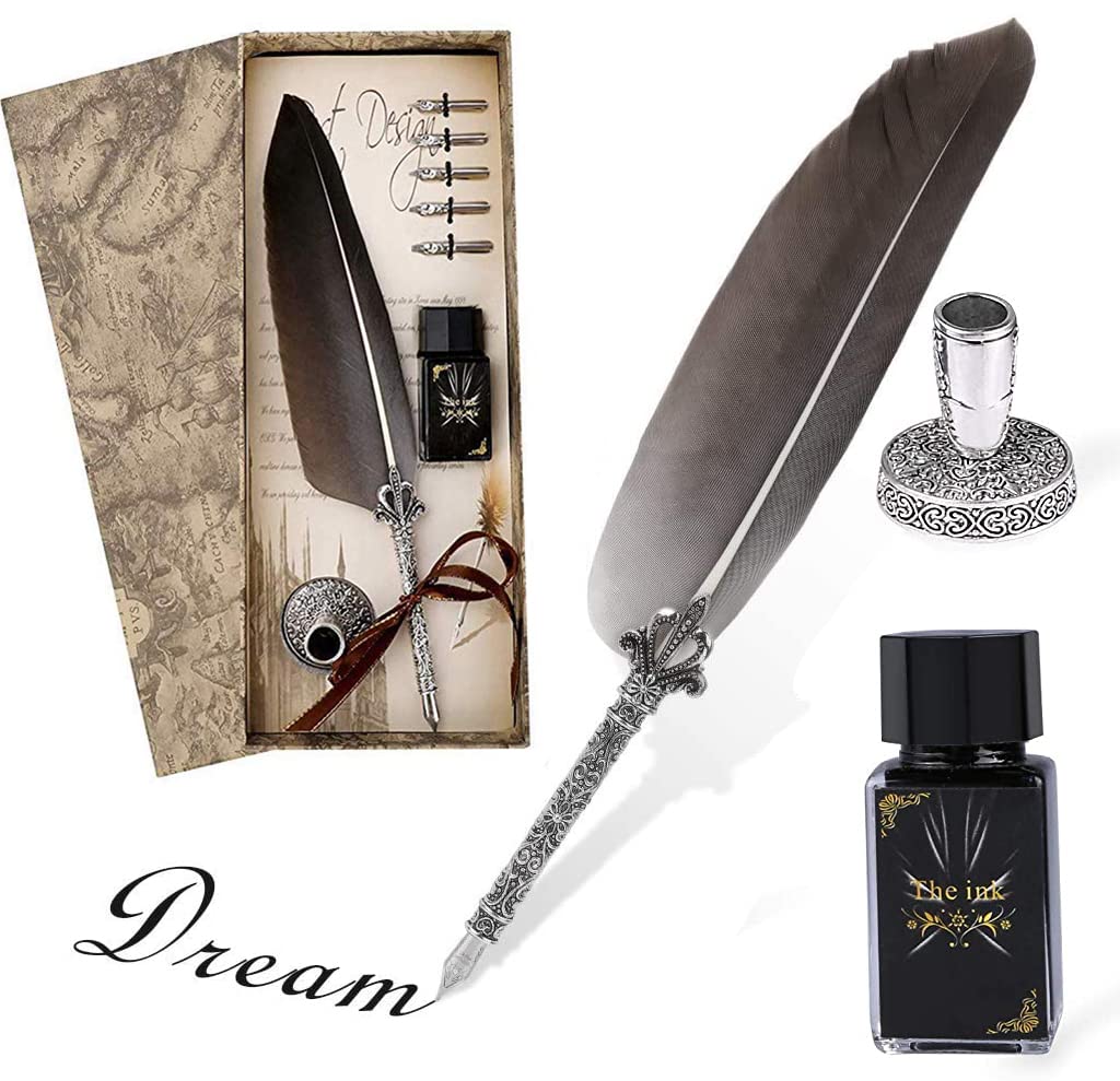 ELEPHANTBOAT® Black Feather Calligraphy Pens Set,Quill Pen Writing Ink Set Stationery Gift Box with 5 Nibs and Ink,Gifts for Women & Girls