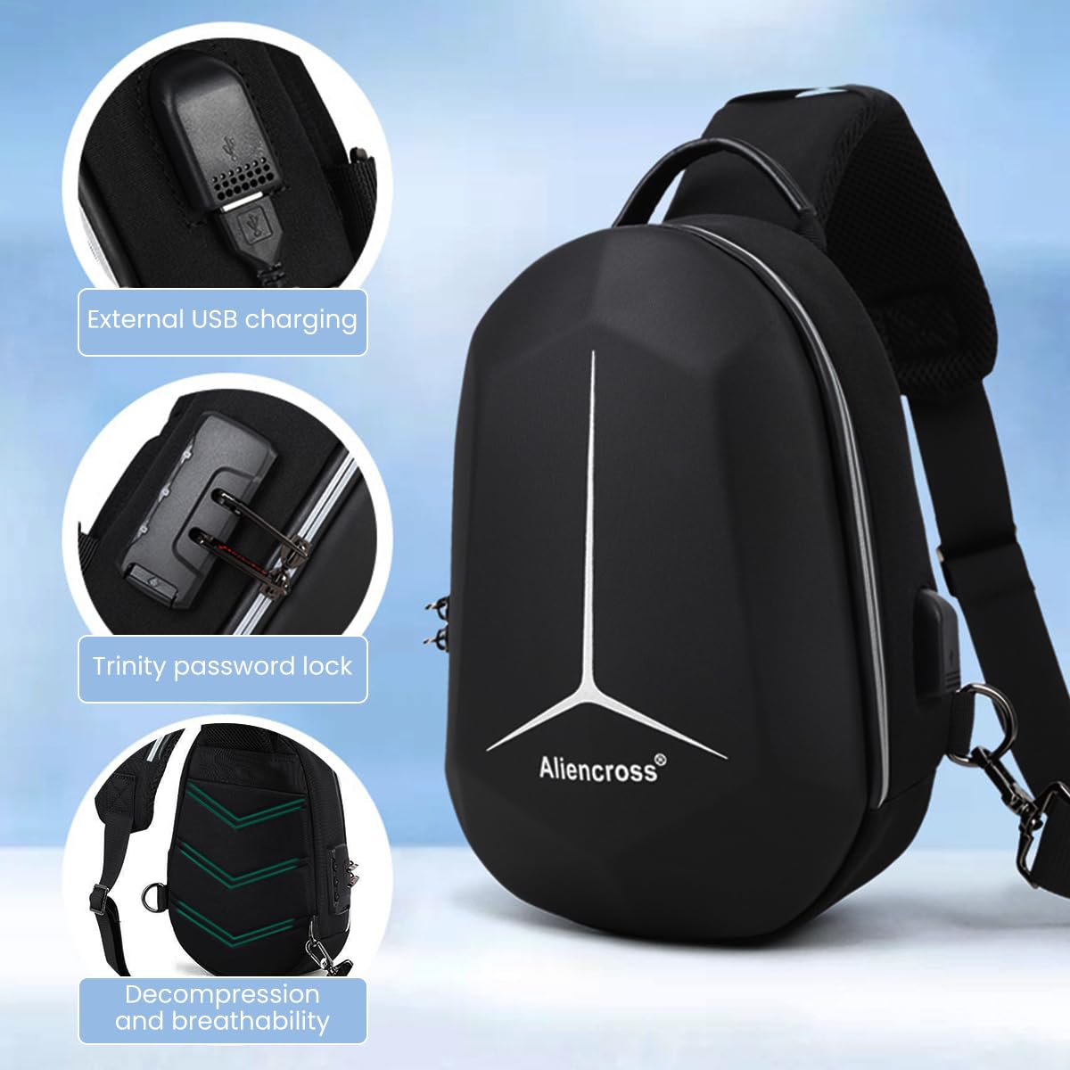 GUSTAVE Sling Bag for Men with 3‑Digital Lock and 20×10×30 cm Waterproof Hard Case | USB Charging