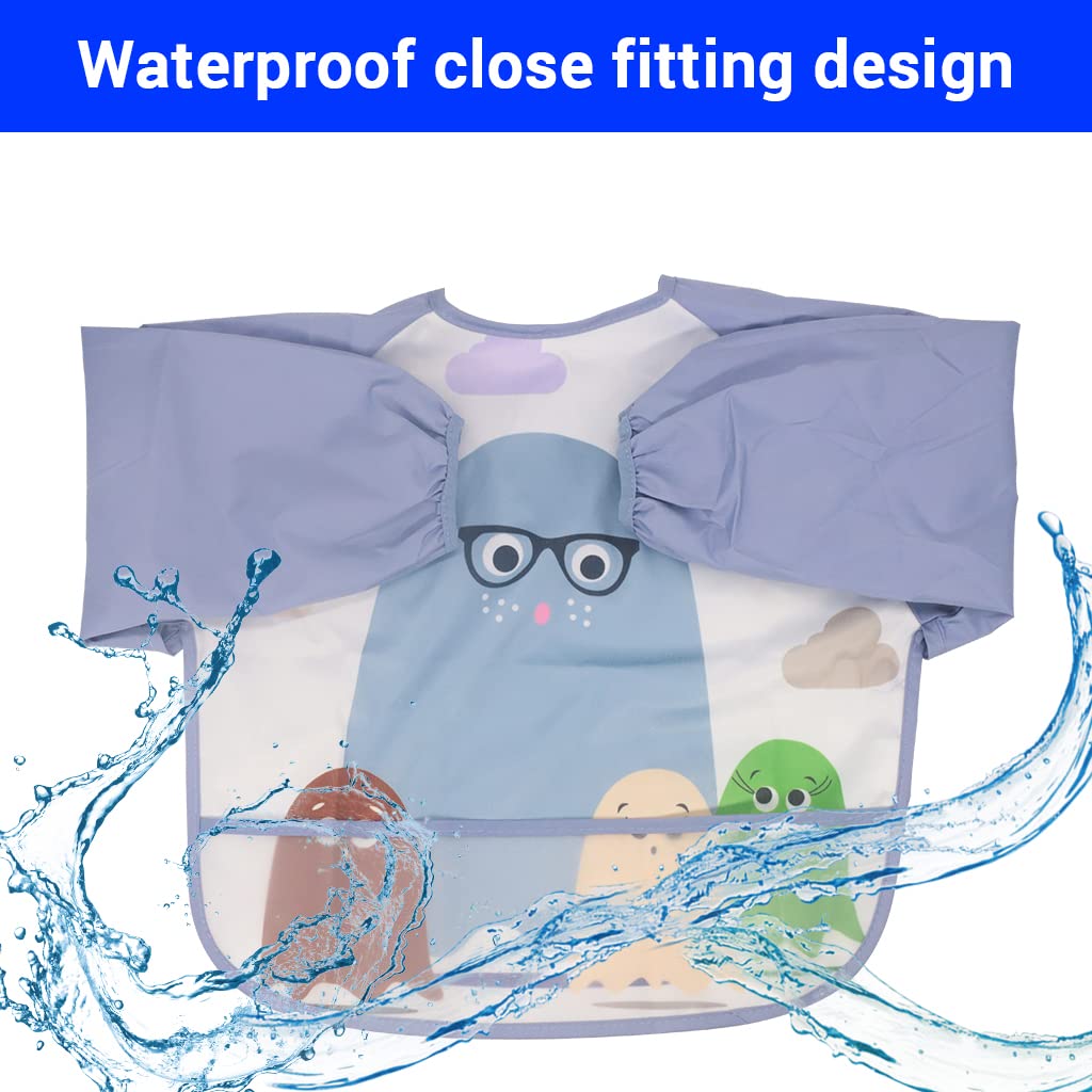 SNOWIE SOFT Sleeved Baby Bib for Feeding with Crumb Catcher Pocket 43cm Length | Waterproof Purple Fabric for 6–24 Month Toddlers