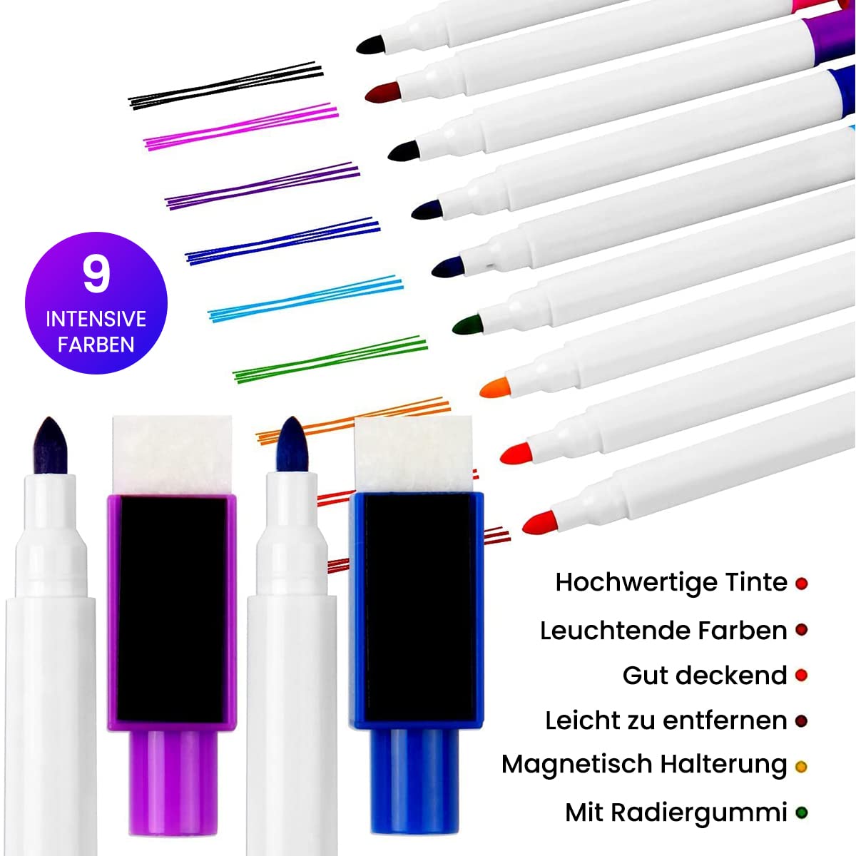 HASTHIP 9Pcs Whiteboard Markers, Mini Dry-Erase White Board Marker, Whiteboard Non-Permanent Markers with Magnetic Cap, Assorted Color, Writing & Erasing 2 in 1 Marker for School Office Home