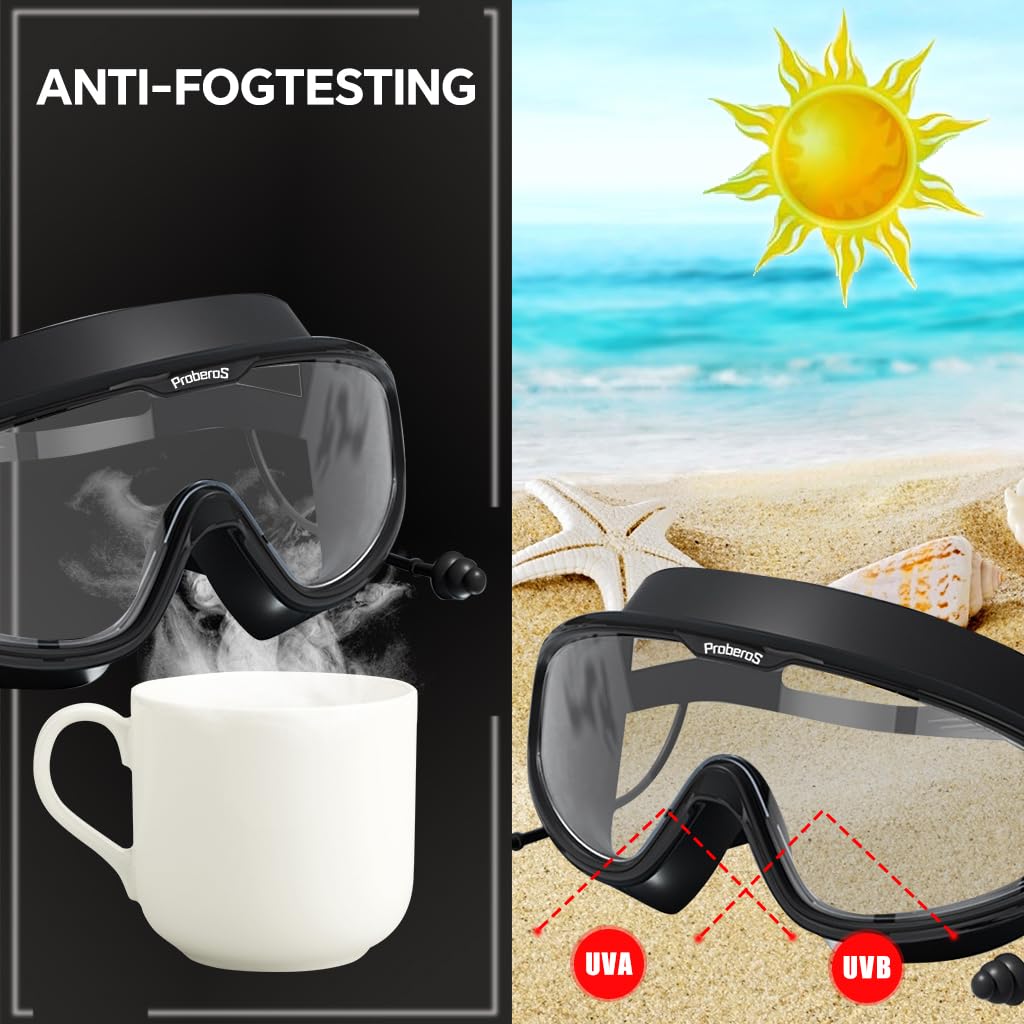 PROBEROS Swim Goggles for Men and Women with Anti-Fog Big Frame and Waterproof Earplugs | Black Silicone Adjustable Fit
