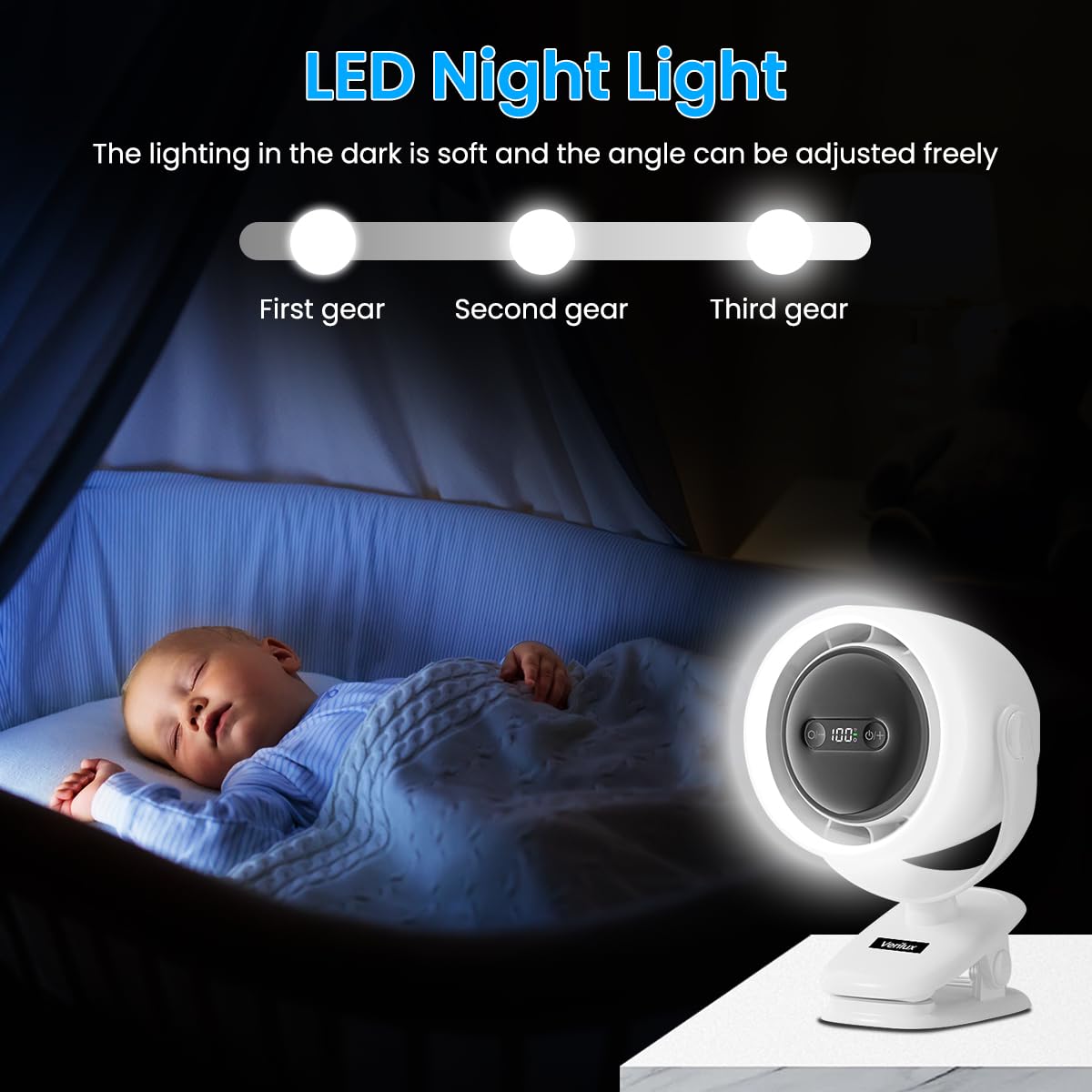 Verilux USB Mini Desk Fan for Home and Travel with 7200mAh Battery and Stepless Airflow | Clip-on LED Light