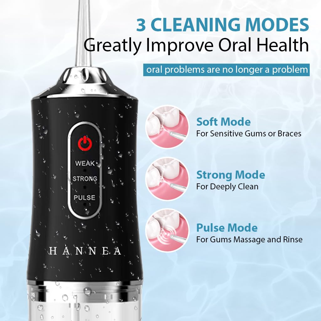 HANNEA Water Dental Flosser for Travel with 220ml Tank and 3 Modes | 4 Nozzles IPX7 Waterproof