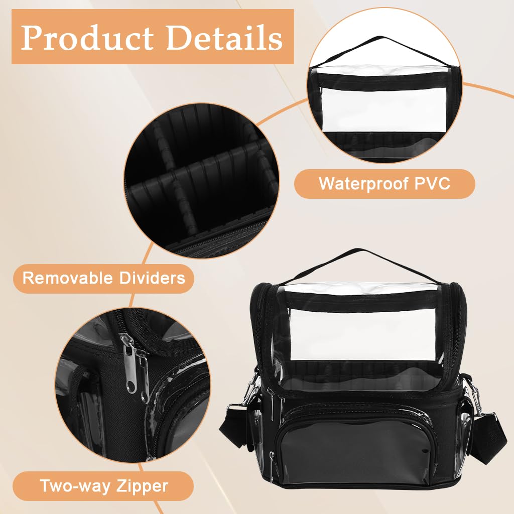 Zibuyu Clear Waterproof Makeup Organizer Bag for Travel with Adjustable Dividers 24x24x14cm | Transparent PVC Case with Handle and Shoulder Strap