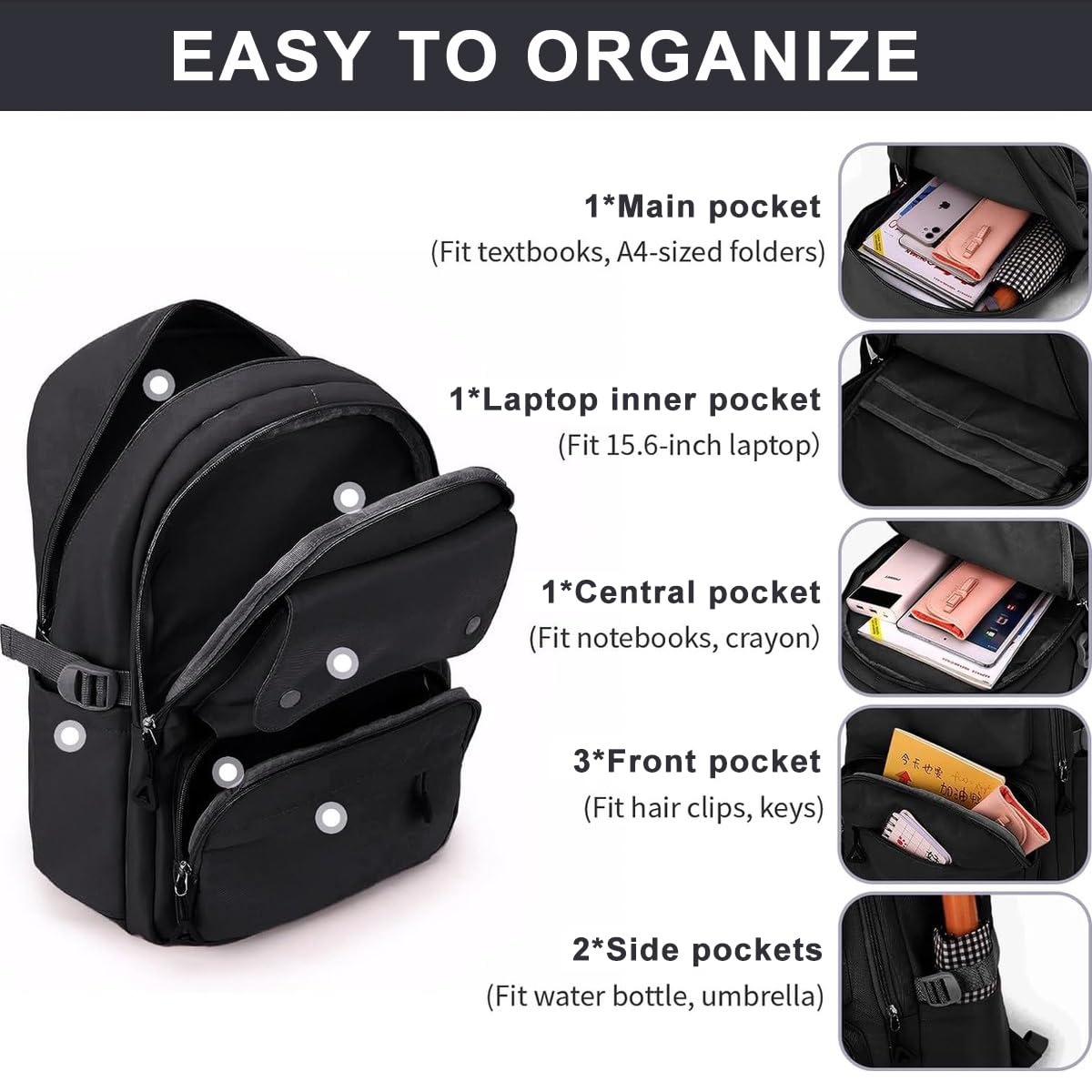 PALAY® School Bag School Girls Backpack Large Capacity 26L School Backpack Breathable Shoulder Strap Design Travel Backpack Fashion Black Nylon School Backpack Gift for Girls
