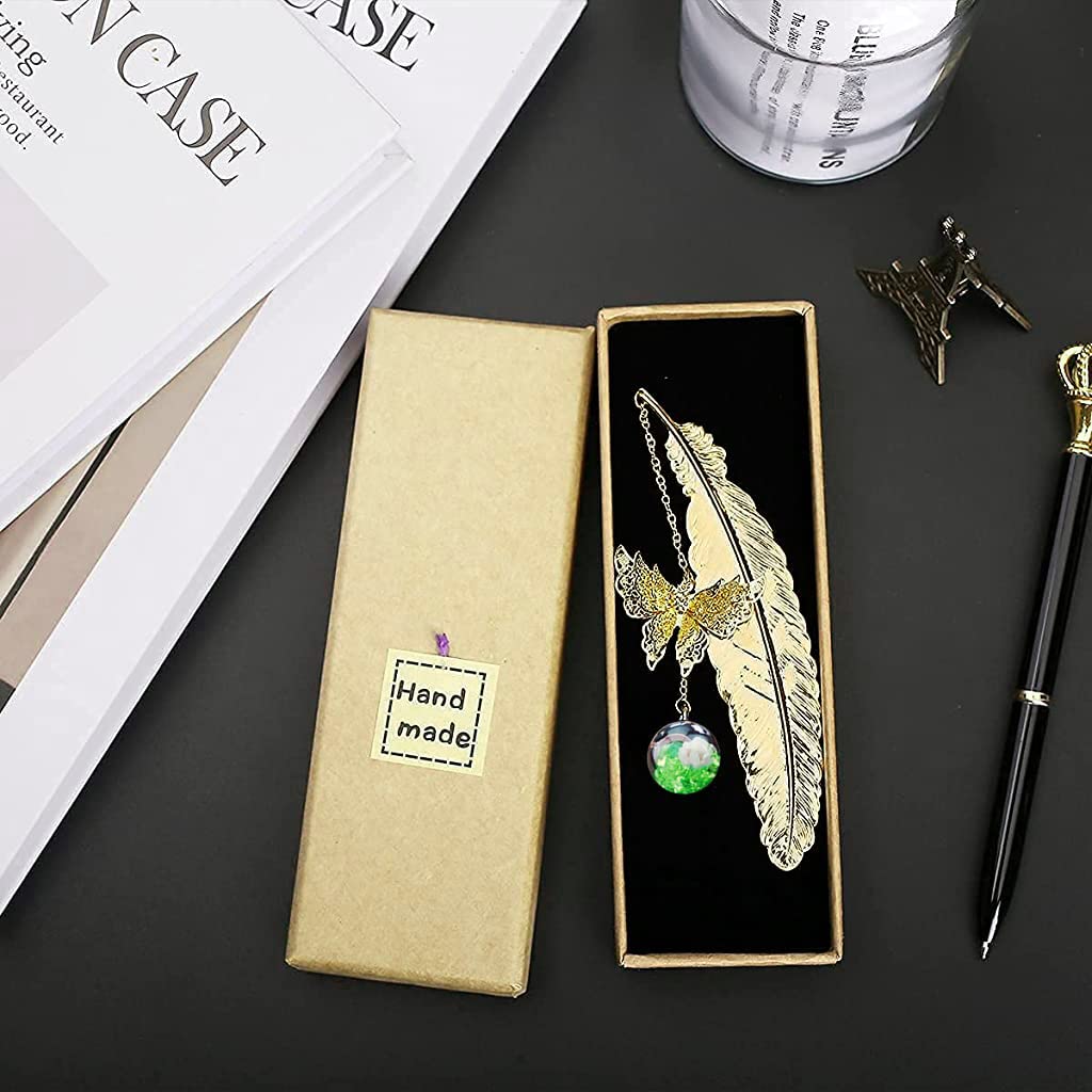 Supvox Metal Feather Bookmark for Reading and Gifting with 3D Butterfly & Glass Bead | 11.5 cm Copper Feather