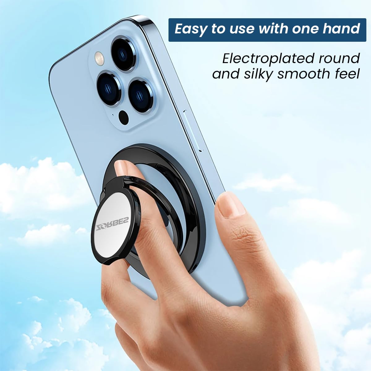 ZORBES Magnetic Phone Ring Holder for iPhone 12 13 14 15 with 360° Rotation and Triple Folding Stand | MagSafe Compatible Black