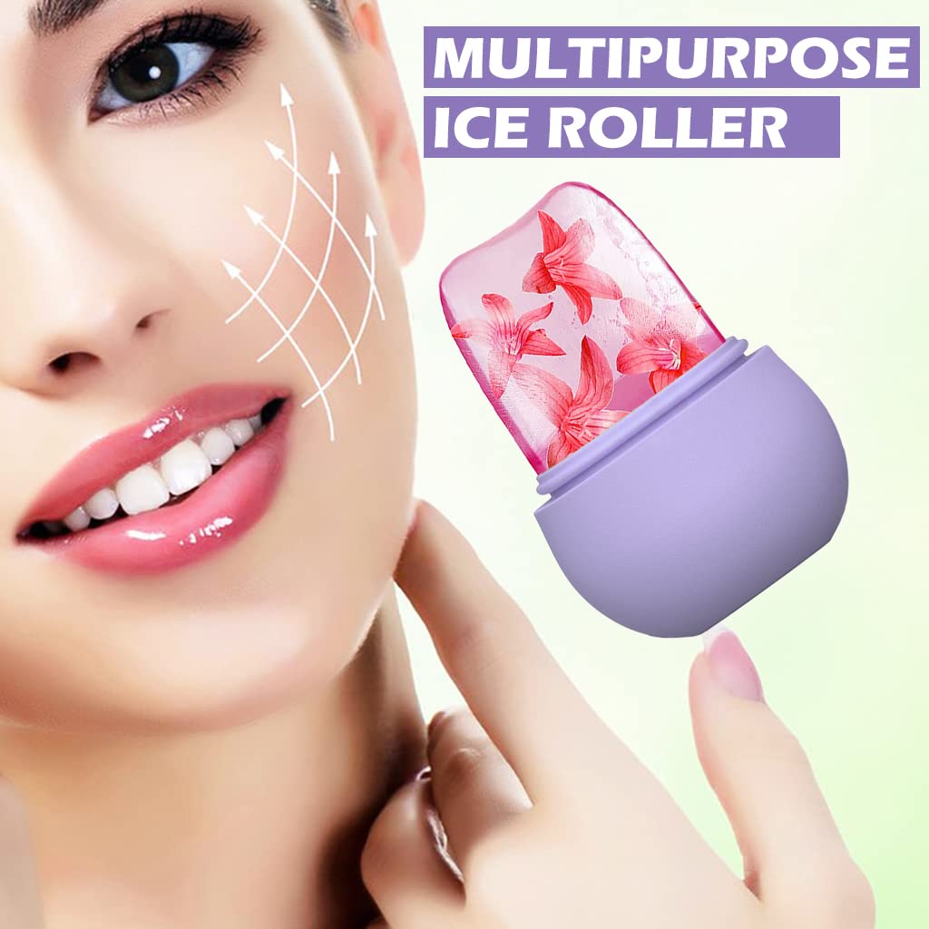 HANNEA Ice Roller for Face Massage & Eye, Anti-Leak Silicone Ice Face Roller Ice Mould With Cleansing Brush, Women Skin Care Ice Facial Roller for Eliminate Edema & Calm Skin, Shrink Pore (Purple)