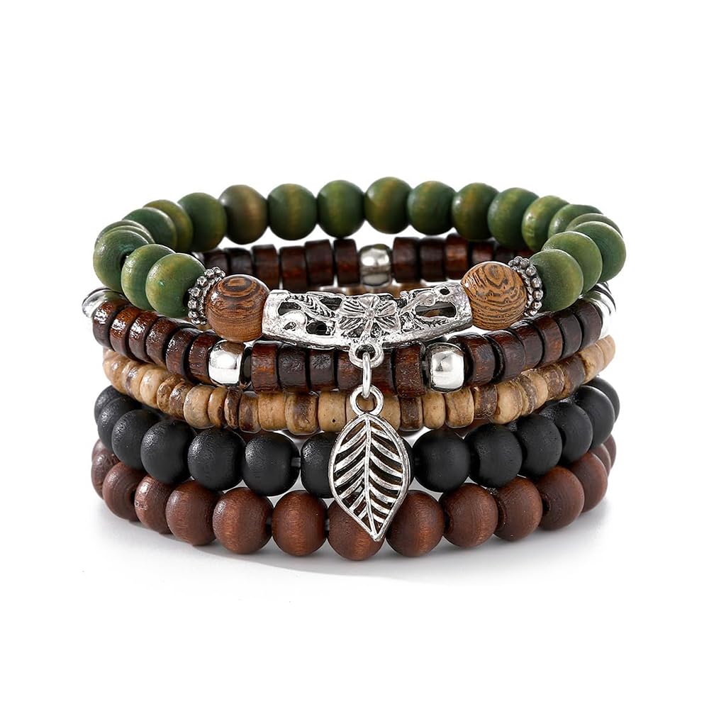 GUSTAVE Multi Layer Beaded Bracelet Set for Daily Wear with Wooden Beads and Alloy Charms | 5 Piece Boho Jewelry for Men and Women