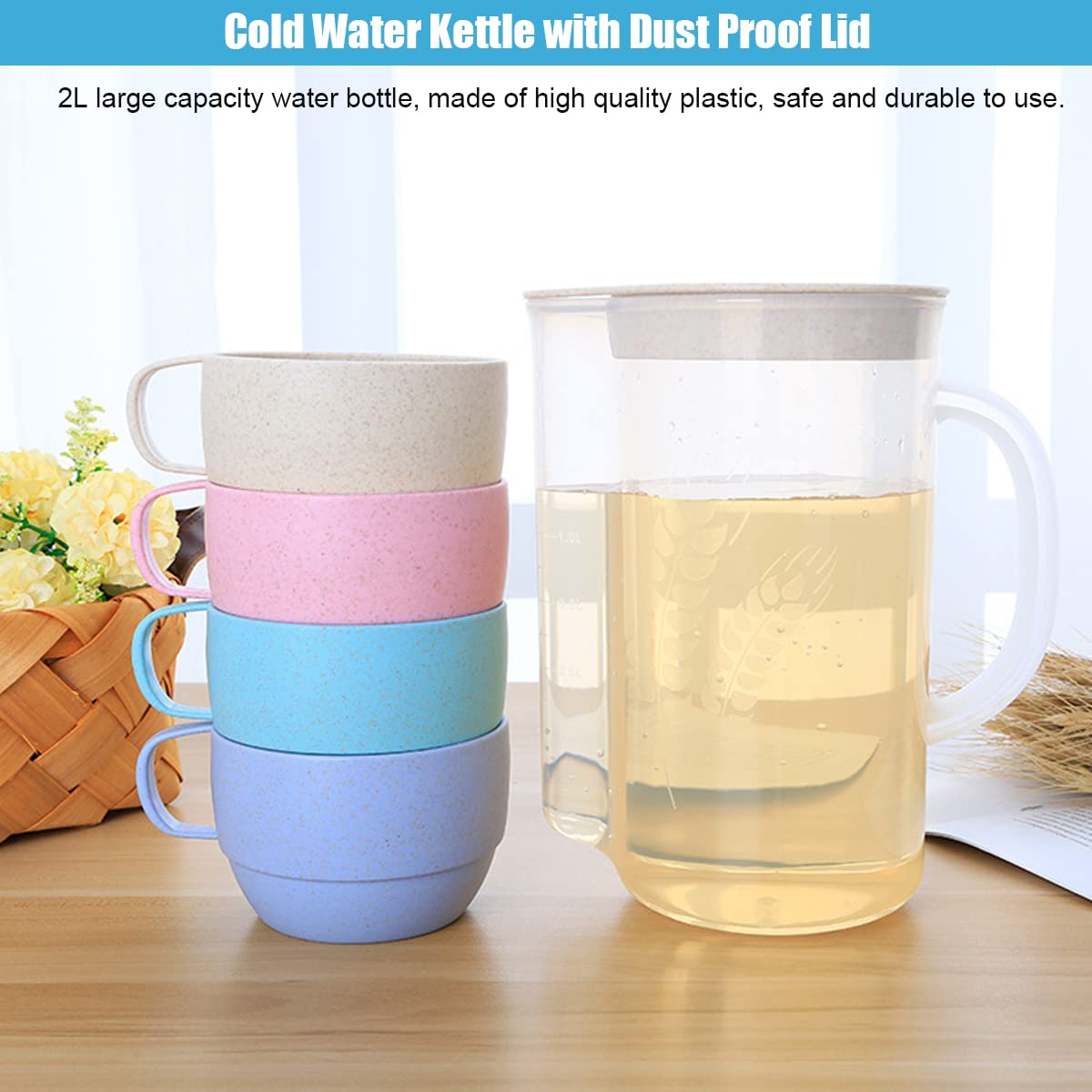 Supvox Plastic Mugs Set for Daily Use with 2L Kettle featuring Dust Proof Lid | Wheat Straw Cups