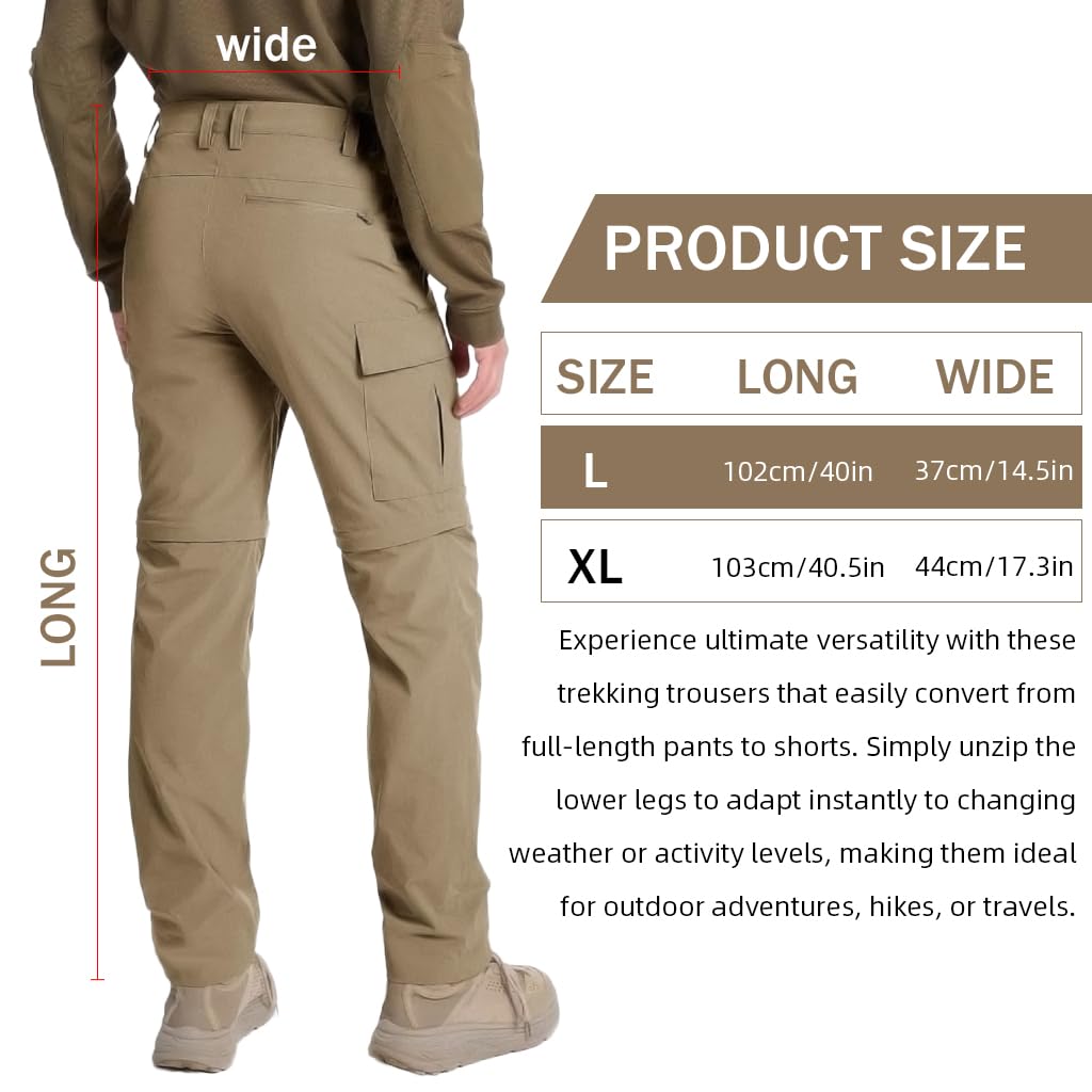Proberos Mens Trekking Pants for Outdoor Hiking featuring Modular Zip Off Design | Quick Dry Khaki Size L 3PCS