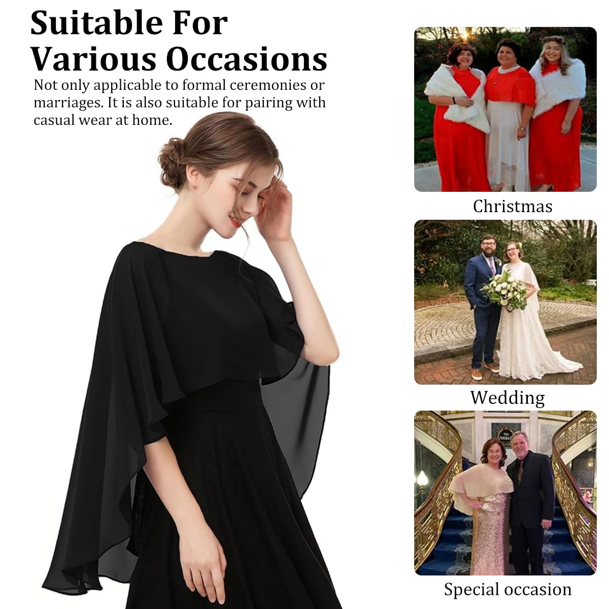 Venzina Chiffon Shawl Wrap for Evening Dresses with 11.8–27.5 in Coverage | Black Capelet