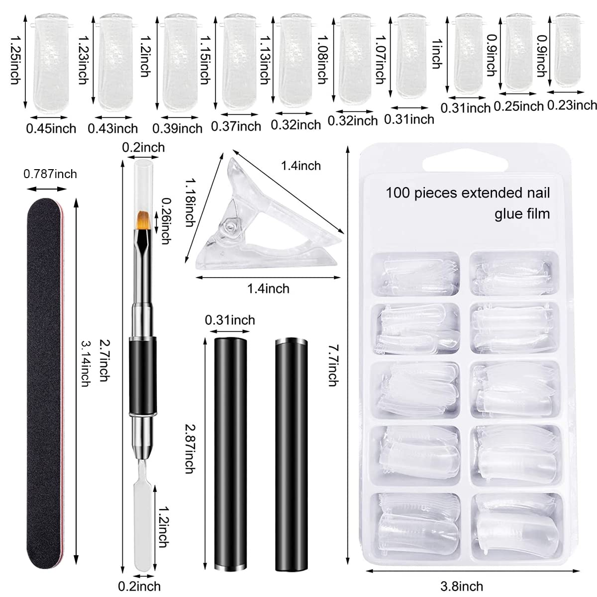 ZIBUYU® 100 Pcs Dual Nail Forms Clear Nail Mold Tips Kit with 1 Dual Head Gel Brush Pen,5 Nail Clips,1 Nail File 10 Sizes Forms Set with Scale for Acrylic UV Gel Nail Extension