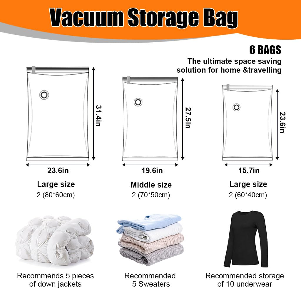 Supvox Vacuum Storage Bags for Clothes with Pump 6pcs including 2L 2M 2S Sizes | Airtight Double Seal PA&PE Bags for Travel and Wardrobe