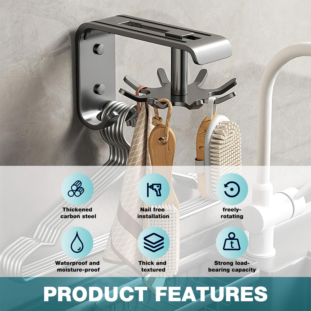 Supvox Kitchen Wall Hook for Space Saving Storage with 360° Rotating 8 Hook Rack | Carbon Steel