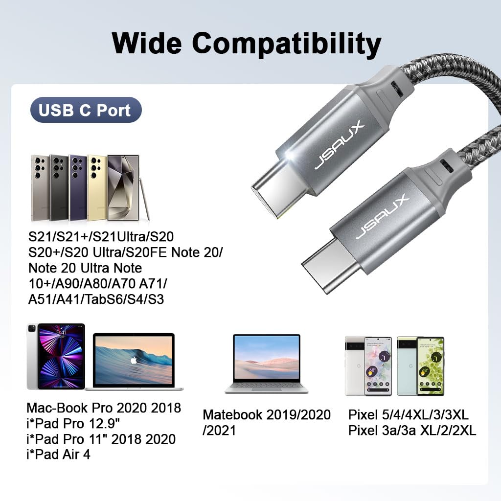 JSAUX Type C to Type C Cable for Fast Charging and Data Transfer 6.6ft with Nylon Braid | 100W Power Delivery