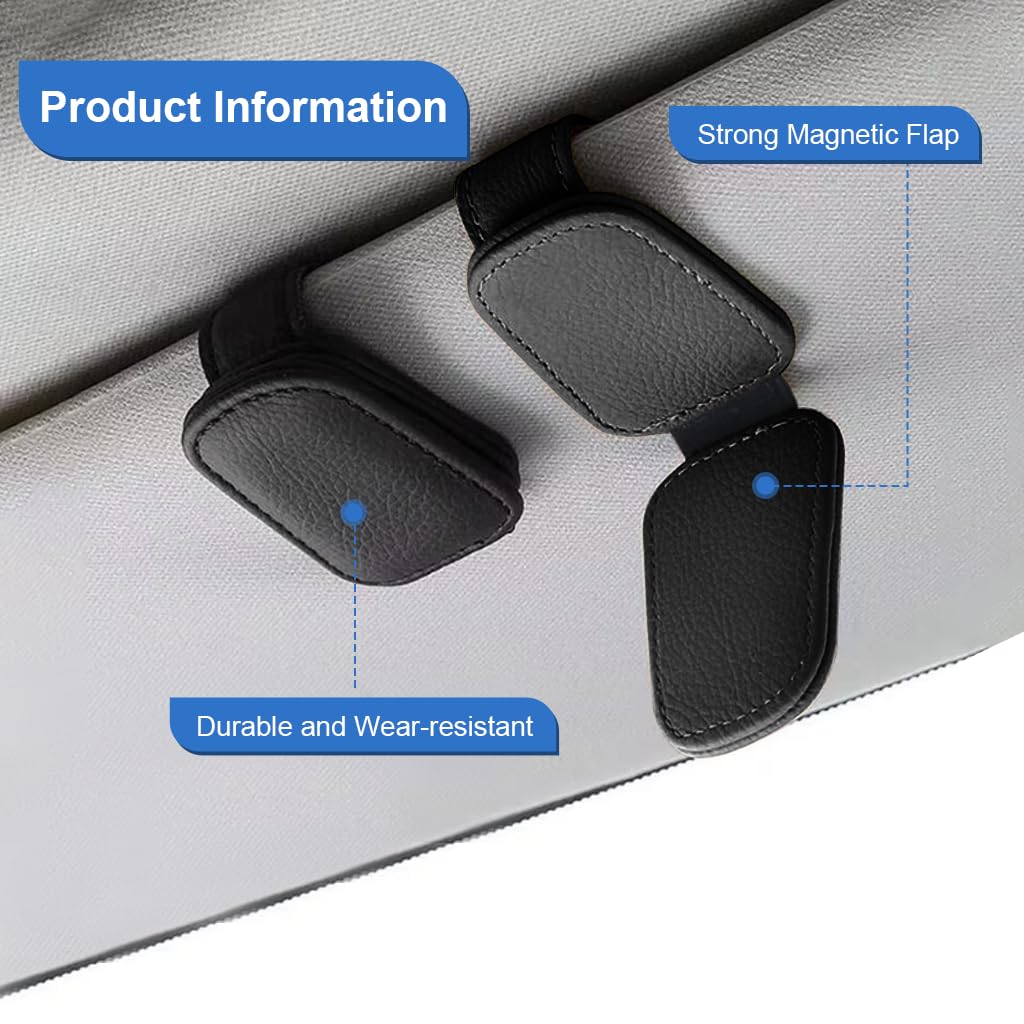 Zibuyu Sun Visor Sunglasses Holder Clip for Car with Magnetic Closure and PU Leather | 2Pcs Set