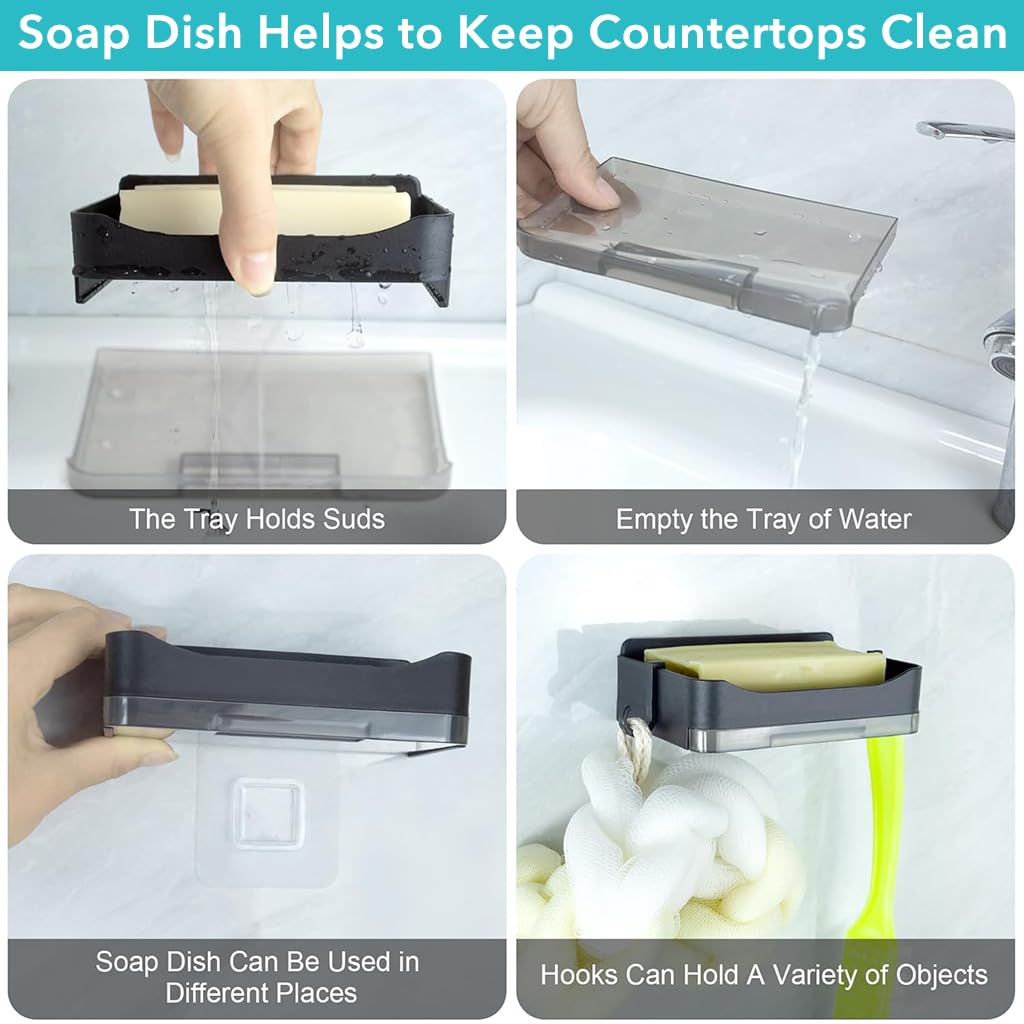 Supvox Soap Holder for Bathroom with 2 Pcs Adhesive Mount and Removable Drain Tray | Black