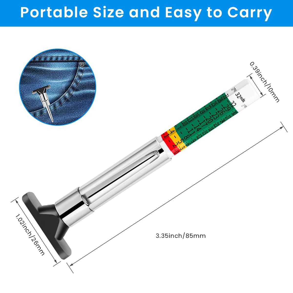 STHIRA Tire Tread Depth Gauge for Tire Safety with 0-25mm Range and Color Coded Marks | Stainless Steel