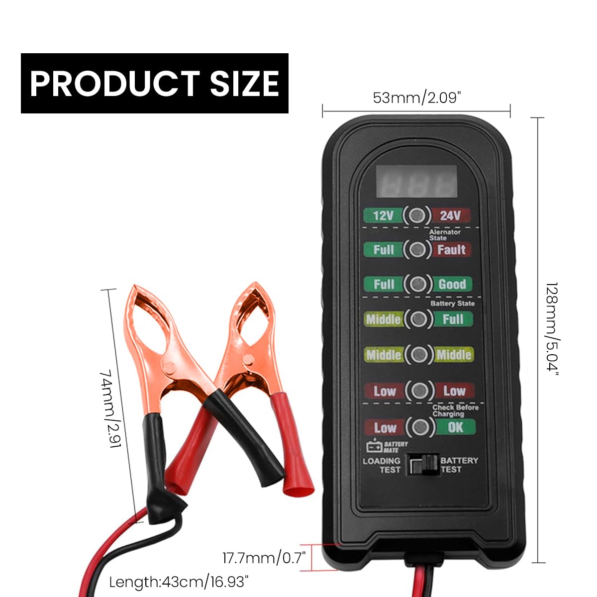 Serplex Car Battery Tester for 12V 24V Vehicles with LED Indicators and Reverse Protection