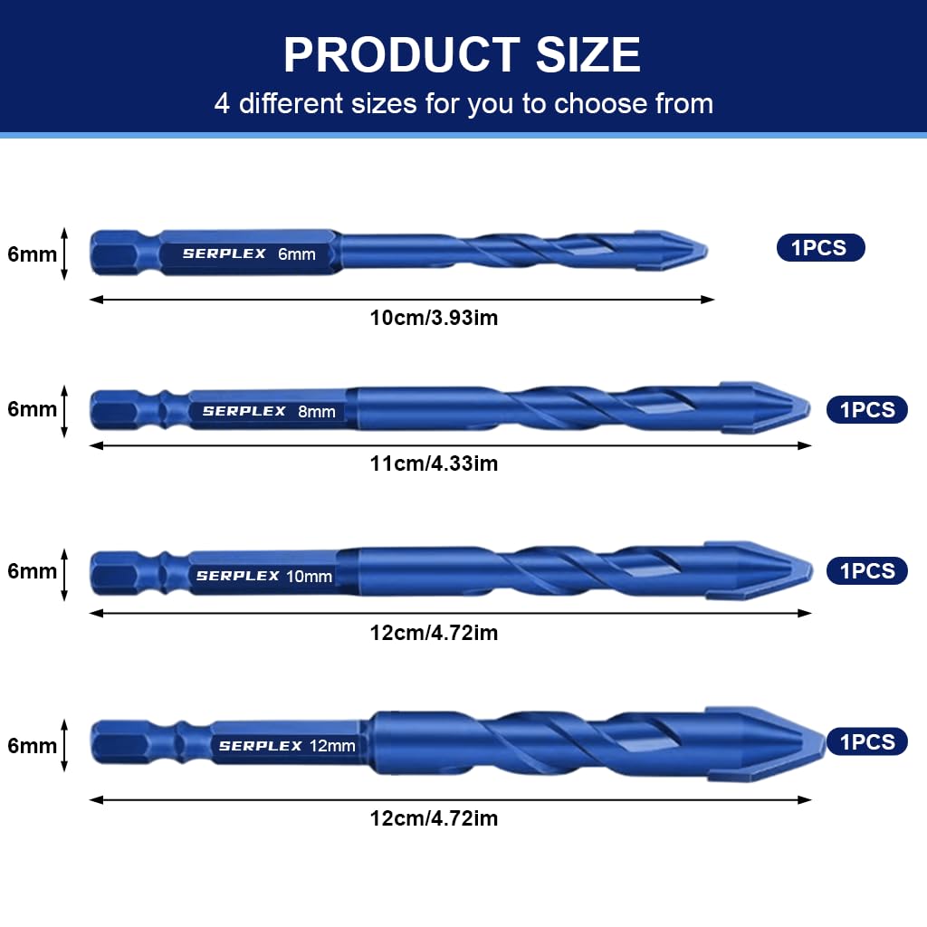 Serplex Drill Bits Set for Glass Marble Cement and Concrete 4Pcs 6mm–12mm with 1/4 inch Hex Shank