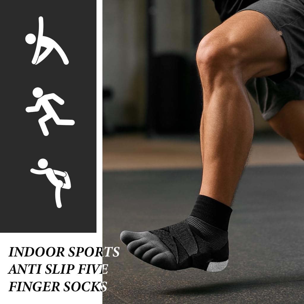 Proberos Mens 5 Toe Yoga Socks for Exercise with Anti Skid Sole and Moisture Wicking Cotton | 3 Pairs Grey