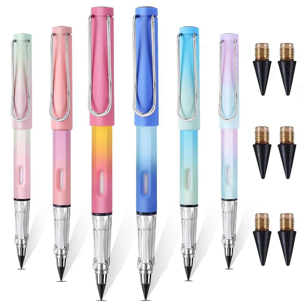 Climberty® 6 Pcs Everlasting Pencils Infinite Pencil with Eraser, 6 Pieces Interchangeable Head, Inkless Infinity Pencil Reusable Forever Pencil for Kids Writing Sketching Drawing (Gradient-A)