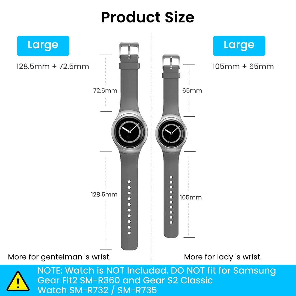 ZIBUYU Replacement Wristbands for Samsung Gear S2 R720 R730 with 126mm+84mm Adjustable Ergonomic Silicone Strap for Men and Women