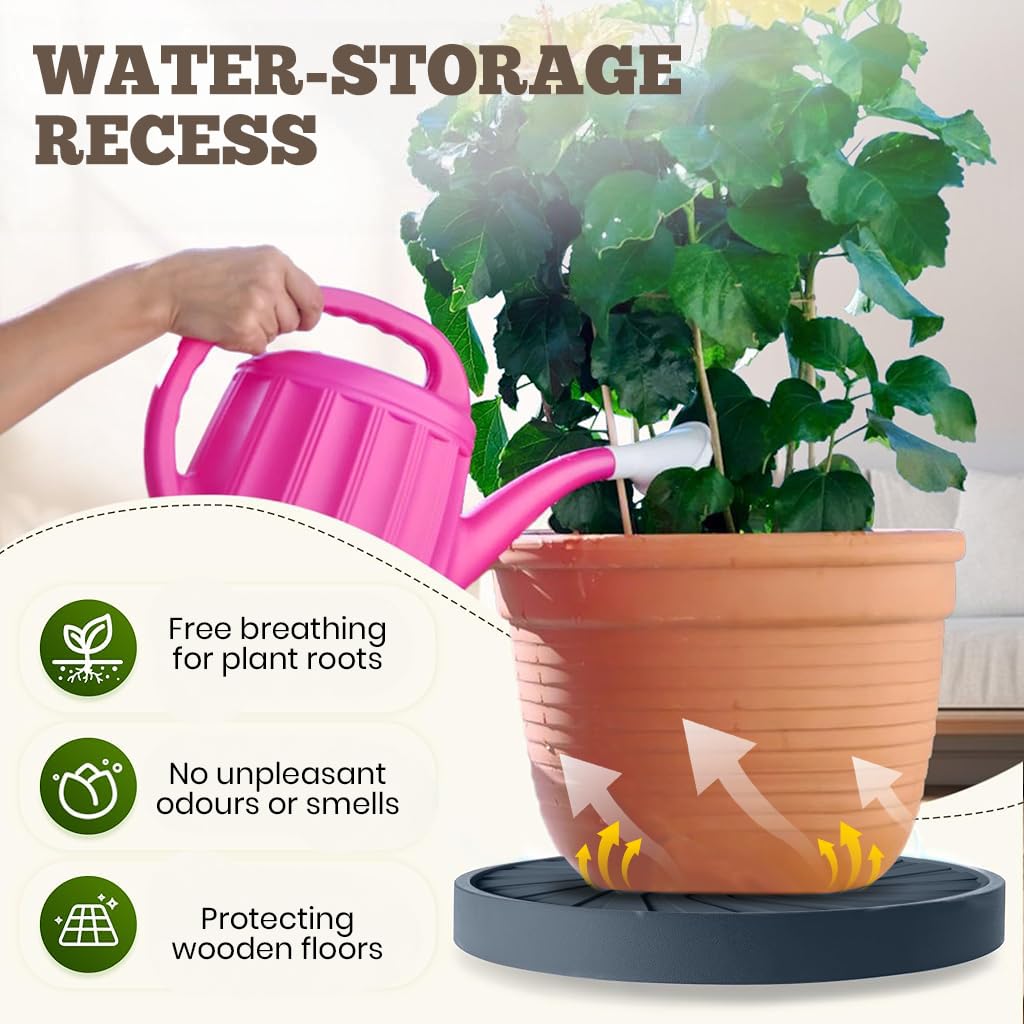 HASTHIP Plant Pot Stand for Indoor & Outdoor Use with 360° Wheels and Spiral Ridged Tray | 37 cm Grey PP Caddy