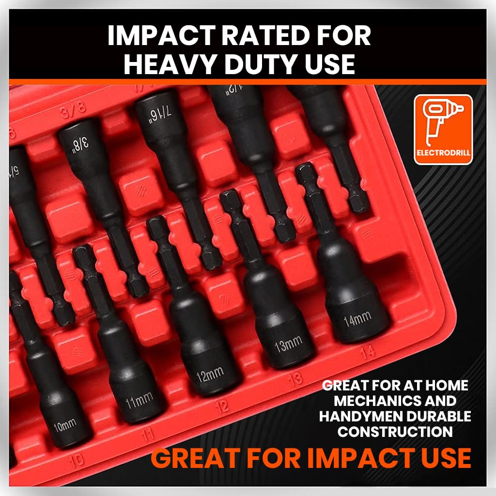 Serplex® 12Pcs Nut Driver Set Heavy Duty CR-V Hex Nut Driver Drill Bit Set with Carry Case Metric 1/4-Inch Quick-Change Impact Power Hex Nut Driver Drill Bit Kit Impact Power Accessories