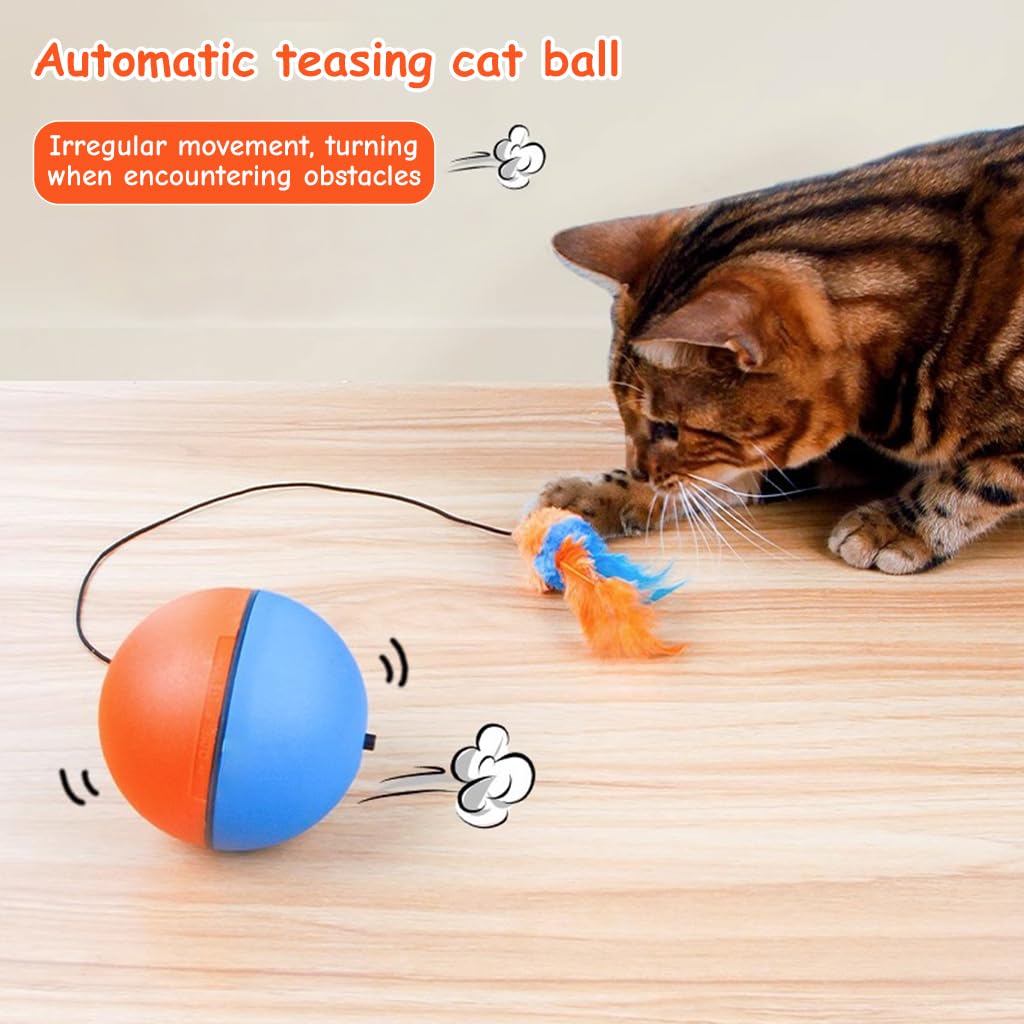 Qpets® Cat Ball Toy, Cats Teasing Toy Ball Cat Chasing Chew Ball Toy with Feather Tail, Electric Random Turn Grinding Toy Indoor Self-Entertainment Cat Toy(Not Included Battery)