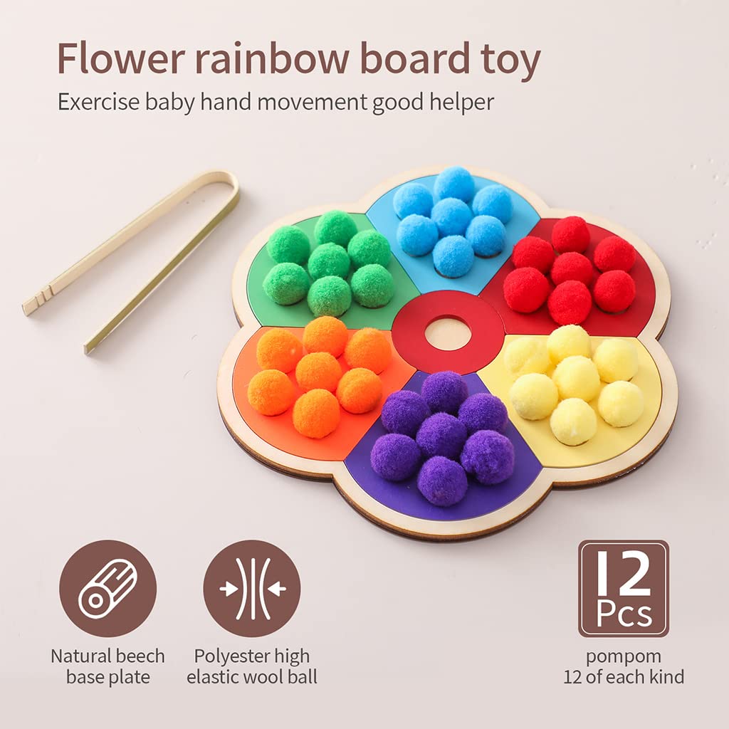 PATPAT® Wooden Montessori Toys for 3 year Old, Puzzle Flower Shape Rainbow Kids Board Games, Baby Color Sorting Sensory Toys and Counting Learning Toys, with Cotton Ball for Fine Motor Skill Education