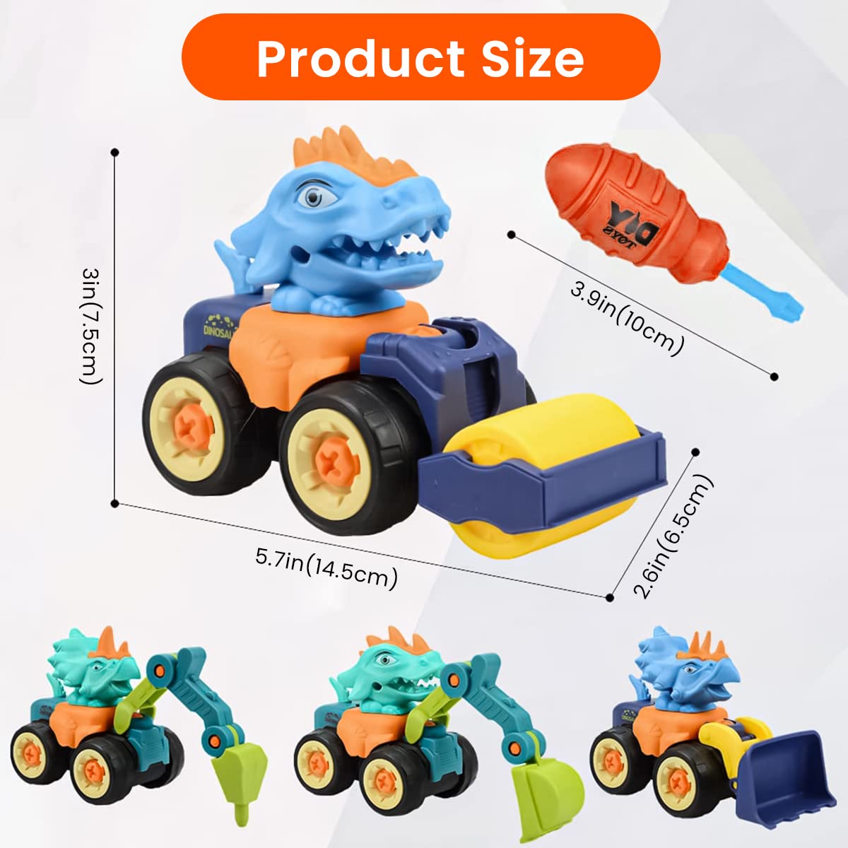 PATPAT Car Toys for Kids 4 Pcs Dinosaur Engineering Vehicles with Screwdriver and Wrench | STEM Building Gift for Ages 3–8