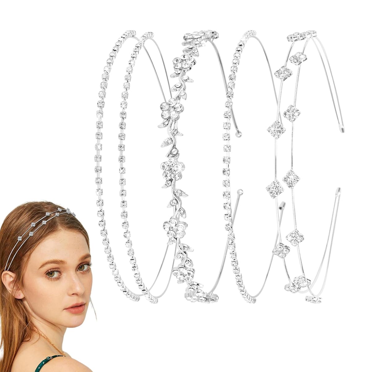 SANNIDHI Hair Bands for Women with Rhinestone Wire Design for Weddings & Parties | 4Pcs Set