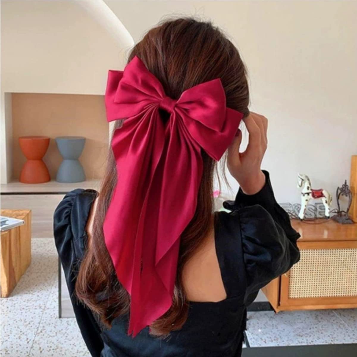 MAYCREATE® Large Satin Hair Bows for Women Girls Silk-Like Stylish French Bow Hair Clip Bowknot Hair Barrettes Big Ribbon Bow with Long Tail (Red)