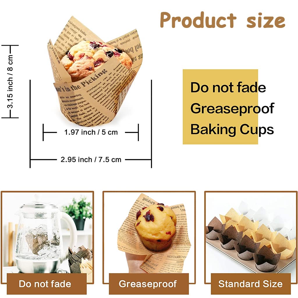 Supvox® 100Pcs Cupcake Liner, 5cm Diameter Tulip Cupcake Paper Cups, Food Grade Greaseproof Paper Baking Cups Muffin Liners Holders for Baking Weddings, Birthdays (Natural Newspaper Printed)