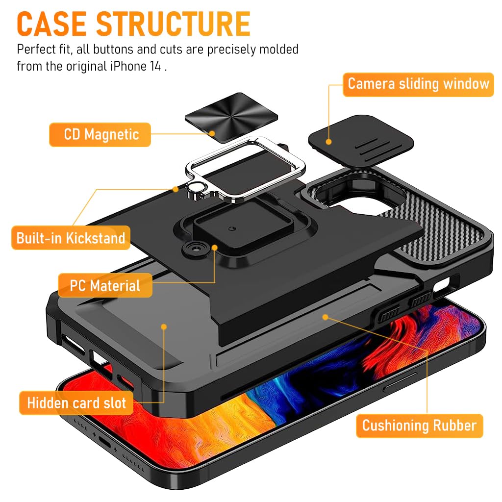 ZORBES Phone Case for iPhone 14 with Folding Ring Grip and Sliding Camera Cover | Black TPU Anti-Scratch Card Slot Design