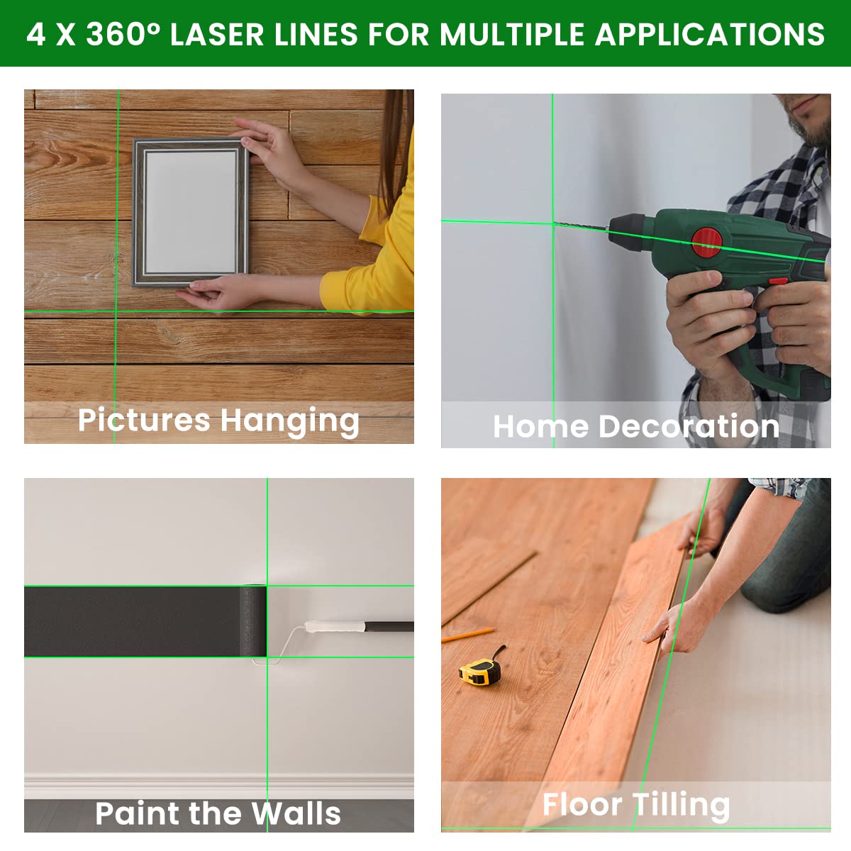 Serplex Laser Level for Indoor and Outdoor Leveling with 16 Lines 4D Green Beam | Self Leveling and Rechargeable