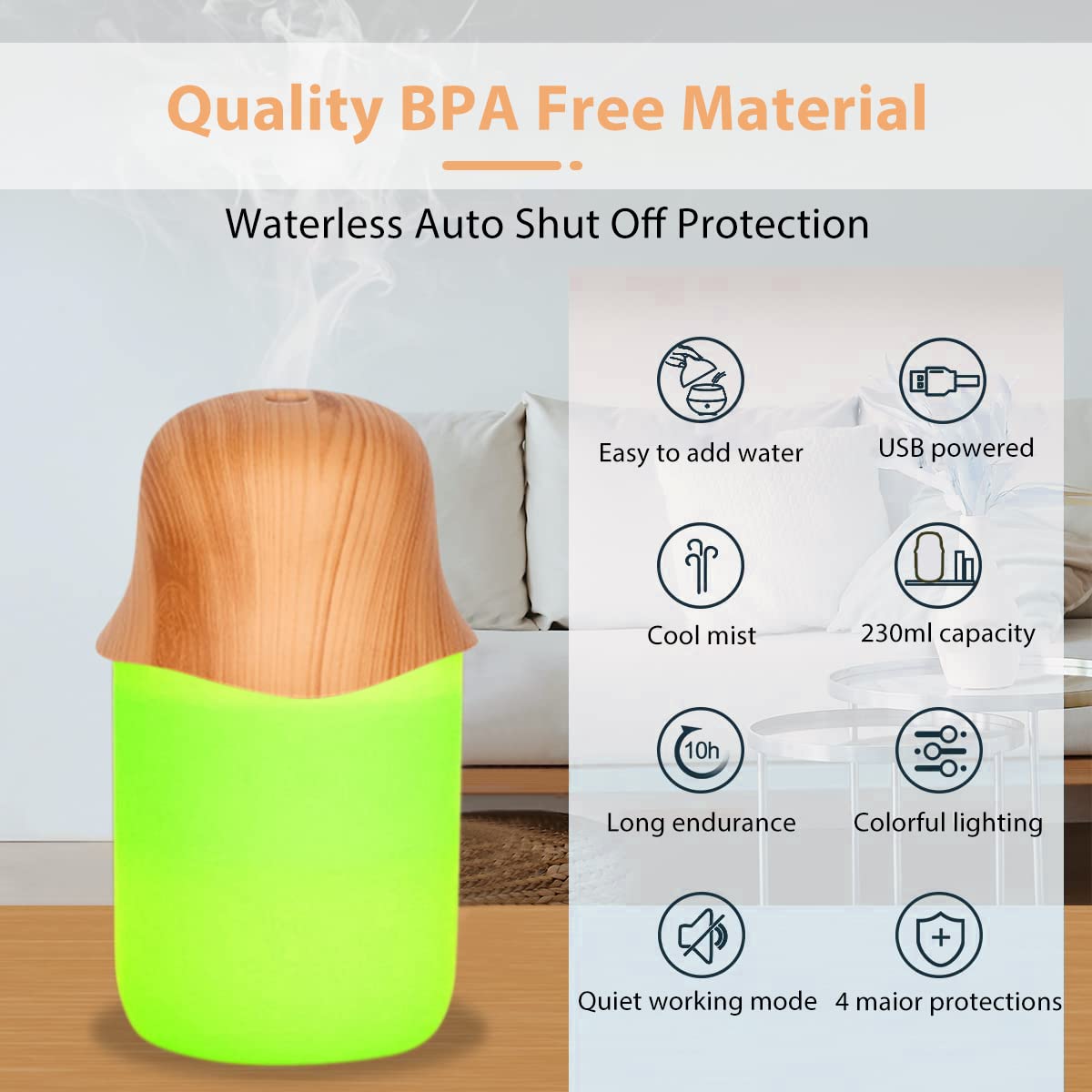 HANNEA Humidifier for Bedroom and Office with 230ml Transparent Tank | Quiet USB Night Light