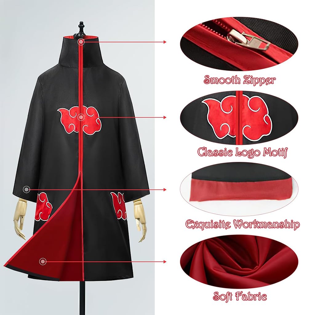 PATPAT Itachi Uchiha Anime Cosplay Costume for Halloween with 4Pcs Set and Zipper Cloak | Black Adult & Teen Outfit
