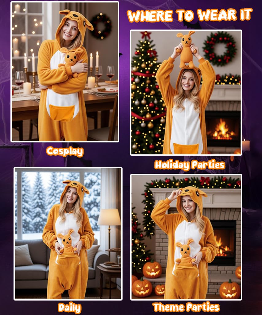 PALAY Cartoon Kangaroo Pajama for Women featuring Zipper Collar Hood Pocket and Plush Polar Fleece
